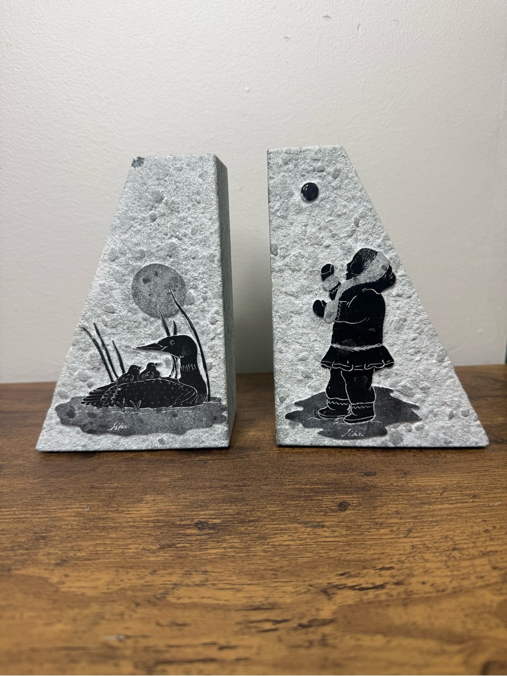 Vintage Siku Canada Soapstone Bookends Pair Hand Carved Inuit Motif 1970s MCM